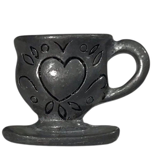 ————- Jewelry - Coffee Teacup Brooch Pin Lapel Tac Pewter Tone Heart Fashion Costume Jewelry